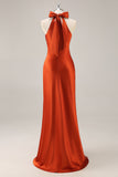 Mermaid Rust Halter Satin Maxi Bridesmaid Dress with Bow