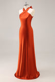 Mermaid Rust Halter Satin Maxi Bridesmaid Dress with Bow