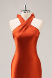 Mermaid Rust Halter Satin Maxi Bridesmaid Dress with Bow