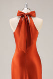 Mermaid Rust Halter Satin Maxi Bridesmaid Dress with Bow