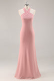 Chiffon Mermaid Blush Halter Maxi Bridesmaid Dress with Bow