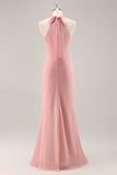 Chiffon Mermaid Blush Halter Maxi Bridesmaid Dress with Bow