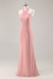 Chiffon Mermaid Blush Halter Maxi Bridesmaid Dress with Bow