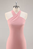 Chiffon Mermaid Blush Halter Maxi Bridesmaid Dress with Bow