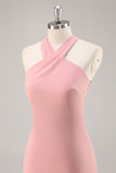 Chiffon Mermaid Blush Halter Maxi Bridesmaid Dress with Bow