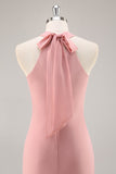 Chiffon Mermaid Blush Halter Maxi Bridesmaid Dress with Bow