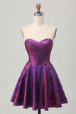 Metallic Dark Purple Sweetheart A Line Short Corset Prom Dress