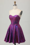 Metallic Dark Purple Sweetheart A Line Short Corset Prom Dress
