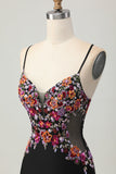 Floral Black Bodycon Spaghetti Straps Short Corset Prom Dress with Sequins