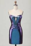 Metallic Blue Purple Tight Keyhole Short Corset Prom Dress