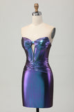 Metallic Blue Purple Tight Keyhole Short Corset Prom Dress