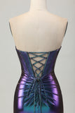 Metallic Blue Purple Tight Keyhole Short Corset Prom Dress