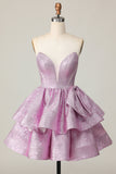 Light Purple A Line Strapless Short Metallic Prom Dress with Bow