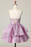 Light Purple A Line Strapless Short Metallic Prom Dress with Bow