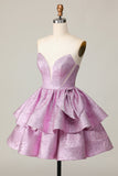 Light Purple A Line Strapless Short Metallic Prom Dress with Bow