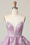 Light Purple A Line Strapless Short Metallic Prom Dress with Bow