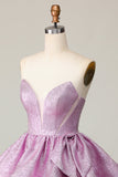 Light Purple A Line Strapless Short Metallic Prom Dress with Bow