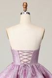 Light Purple A Line Strapless Short Metallic Prom Dress with Bow