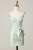 Bodycon Ruched Sage Corset Short Prom Dress with Bow