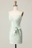 Bodycon Ruched Sage Corset Short Prom Dress with Bow