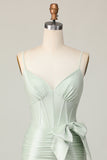Bodycon Ruched Sage Corset Short Prom Dress with Bow