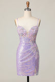 Sparkly Lilac Corset Sequins Tight Short Prom Dress with Applique