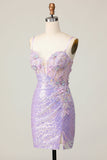 Sparkly Lilac Corset Sequins Tight Short Prom Dress with Applique