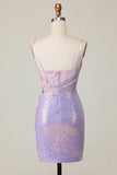 Sparkly Lilac Corset Sequins Tight Short Prom Dress with Applique
