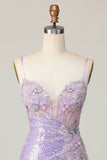 Sparkly Lilac Corset Sequins Tight Short Prom Dress with Applique
