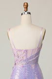 Sparkly Lilac Corset Sequins Tight Short Prom Dress with Applique