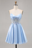 Sparkly Light Blue Satin Strapless Corset Short Prom Dress with Sequins