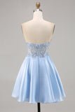 Sparkly Light Blue Satin Strapless Corset Short Prom Dress with Sequins