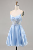 Sparkly Light Blue Satin Strapless Corset Short Prom Dress with Sequins