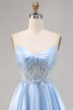 Sparkly Light Blue Satin Strapless Corset Short Prom Dress with Sequins