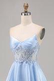 Sparkly Light Blue Satin Strapless Corset Short Prom Dress with Sequins