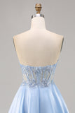 Sparkly Light Blue Satin Strapless Corset Short Prom Dress with Sequins