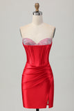 Satin Sweetheart Red Beaded Short Corset Prom Dress with Slit