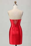 Satin Sweetheart Red Beaded Short Corset Prom Dress with Slit