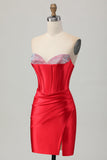 Satin Sweetheart Red Beaded Short Corset Prom Dress with Slit