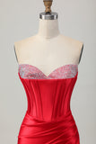 Satin Sweetheart Red Beaded Short Corset Prom Dress with Slit