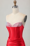 Satin Sweetheart Red Beaded Short Corset Prom Dress with Slit
