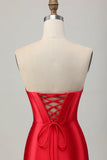 Satin Sweetheart Red Beaded Short Corset Prom Dress with Slit