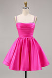 Sparkly Fuchsia Ruched Satin Short Prom Dress with Beading