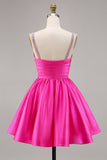 Sparkly Fuchsia Ruched Satin Short Prom Dress with Beading