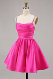 Sparkly Fuchsia Ruched Satin Short Prom Dress with Beading