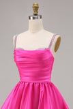 Sparkly Fuchsia Ruched Satin Short Prom Dress with Beading