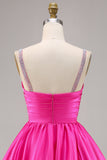 Sparkly Fuchsia Ruched Satin Short Prom Dress with Beading