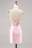 Sparkly Candy Pink Satin Floral Sequins Corset Short Prom Dress