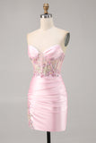 Sparkly Candy Pink Satin Floral Sequins Corset Short Prom Dress