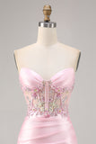 Sparkly Candy Pink Satin Floral Sequins Corset Short Prom Dress
